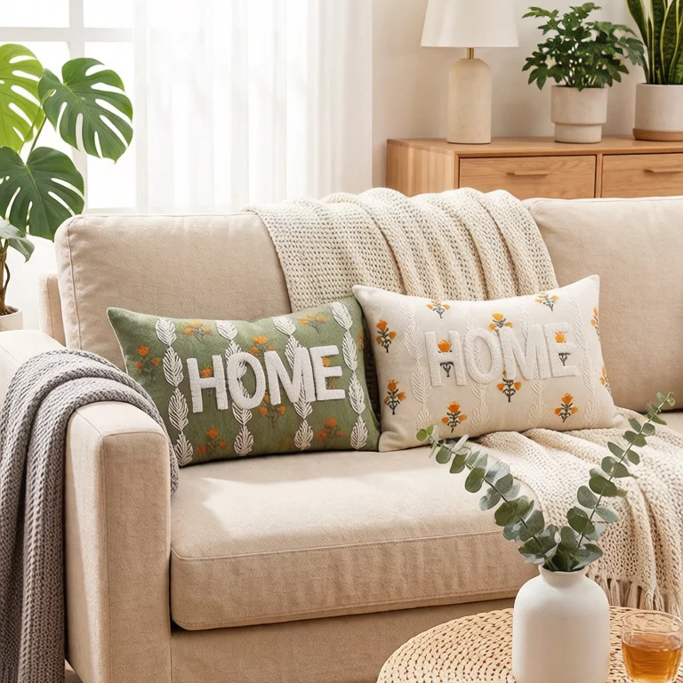 Besticktes strukturiertes Lendenkissen mit HOME-Buchstaben und Blattmotiv