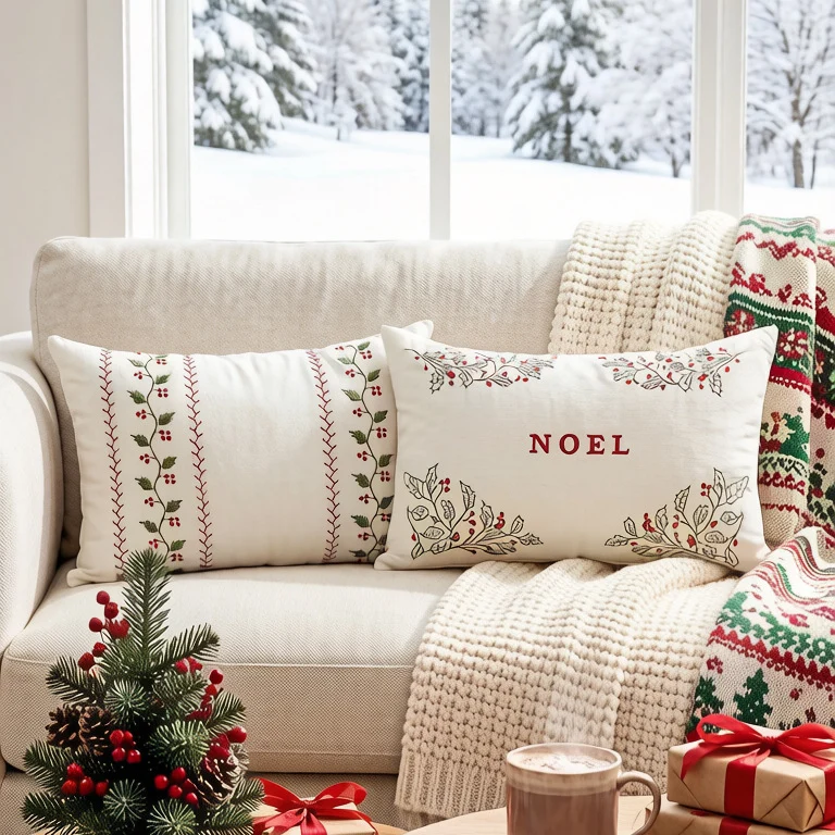 Bestickter Feiertags-Lendenkissenbezug mit NOEL-Stechpalmenmotiv