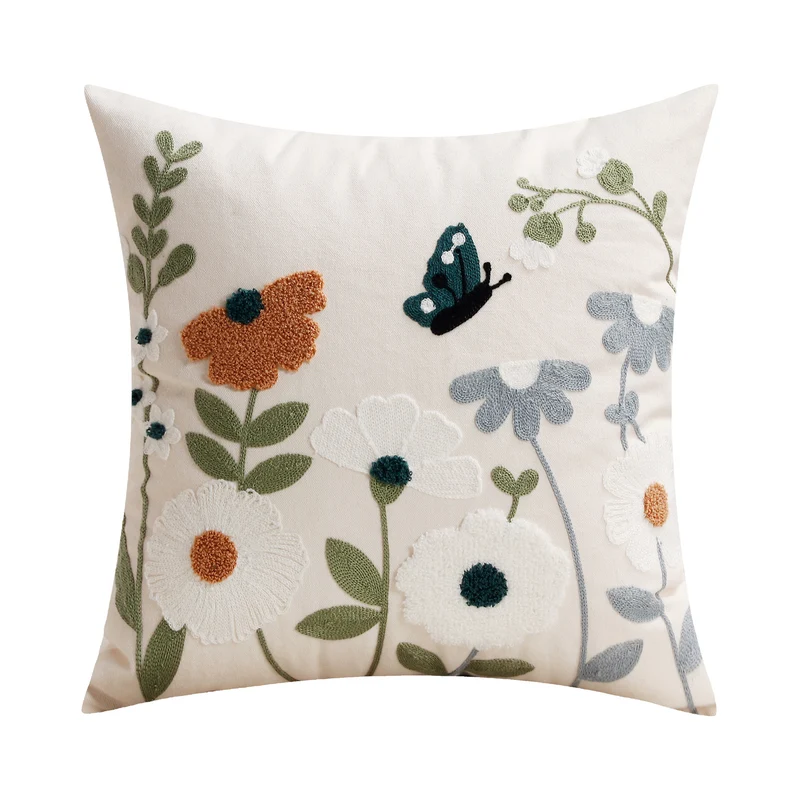 Dekorative quadratische gestickte florale Tufted Leinenkissenbezug