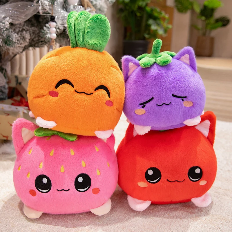 Kawaii Rund Katze-Obst Plüschkissen mit Blatt oben und quetschiger Bohnenfüllung Kuschelgefährte Karnz