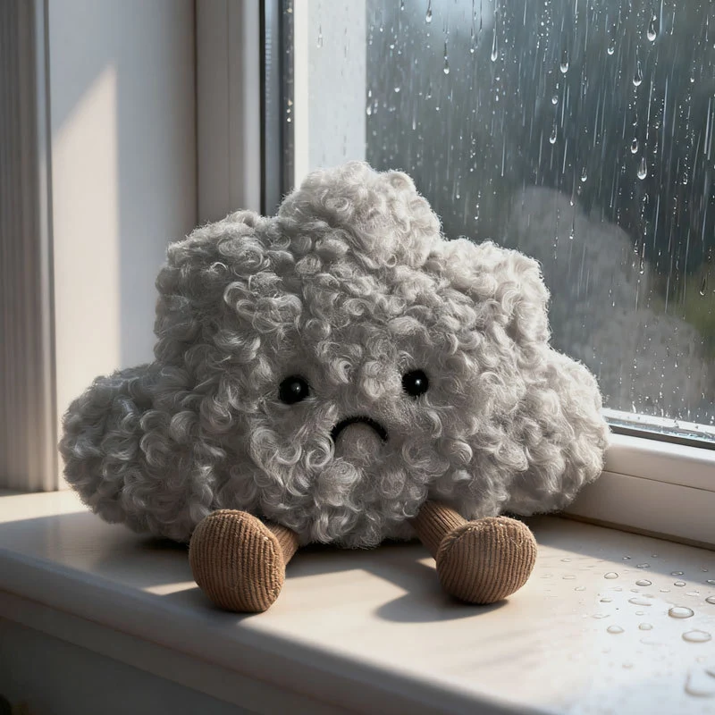 Curly Faux-Fur Traurige Wolken Plüschkissen mit Cord-Beinen und gesticktem Gesicht Karnz