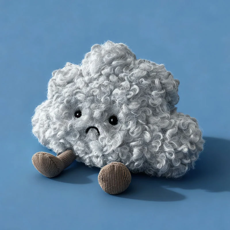 Curly Faux-Fur Traurige Wolken Plüschkissen mit Cord-Beinen und gesticktem Gesicht Karnz