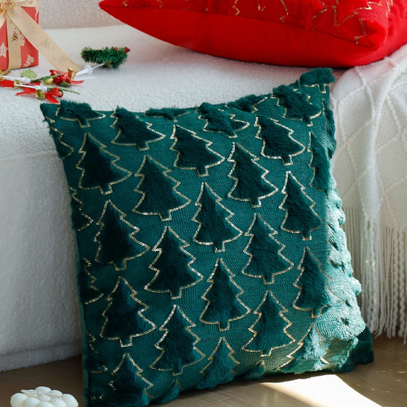 Rechteckiger dekorativer Kissenbezug mit tufted Tannenbaum‑Applikation, Kunstfell‑Haptik und Paillettenbesatz Karnz