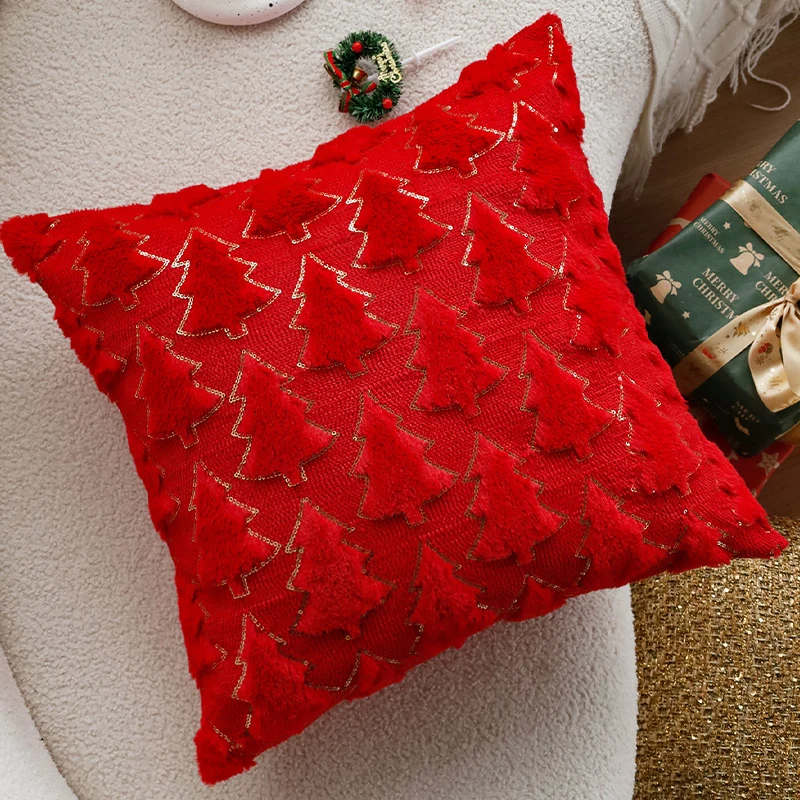 Rechteckiger dekorativer Kissenbezug mit tufted Tannenbaum‑Applikation, Kunstfell‑Haptik und Paillettenbesatz Karnz