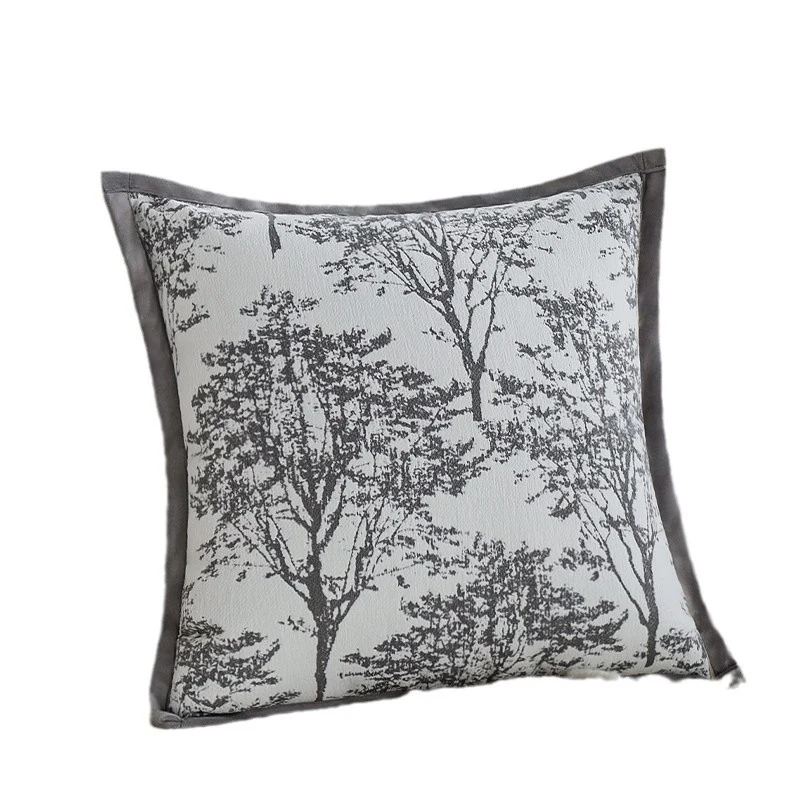 Quadratischer Zierkissenbezug mit fein gewebtem Baum‑Jacquard und samtiger Keder Karnz