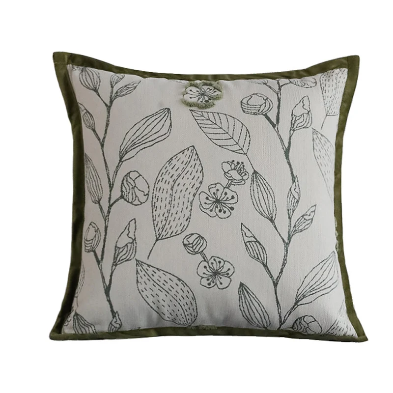 Quadratischer Zierkissenbezug mit botanischer Linienstickerei und samtiger Paspel Karnz