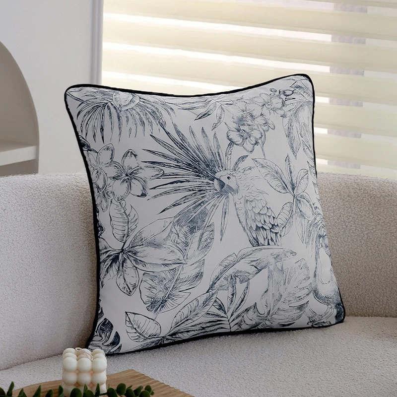Quadratischer Zierkissenbezug mit botanischem Papageien-Illustrationsdruck und feiner Kedernaht Karnz