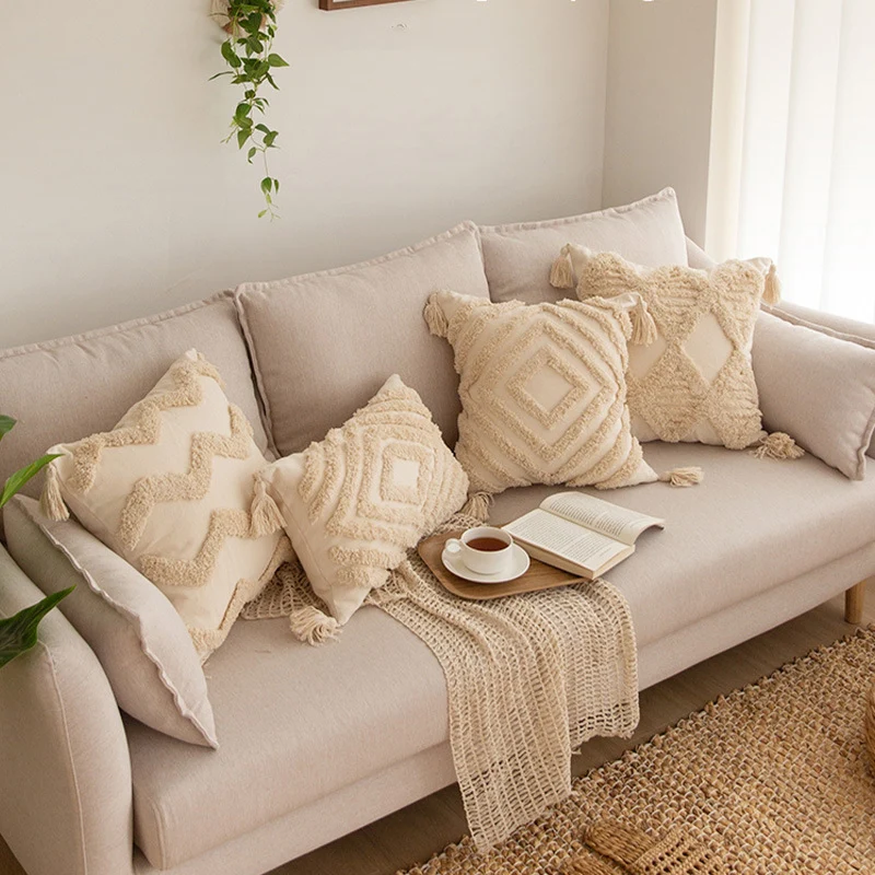 Quadratischer Zierkissenbezug im Boho‑Chic mit 3D‑Diamanttufting, Eckquasten und Baumwoll‑Leinen‑Mix Karnz