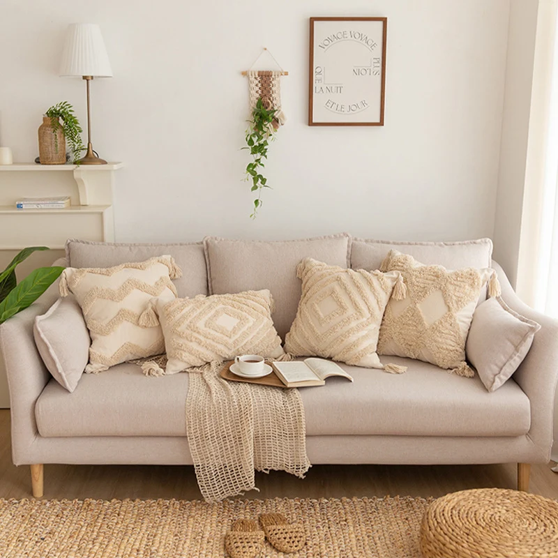 Quadratischer Zierkissenbezug im Boho‑Chic mit 3D‑Diamanttufting, Eckquasten und Baumwoll‑Leinen‑Mix Karnz