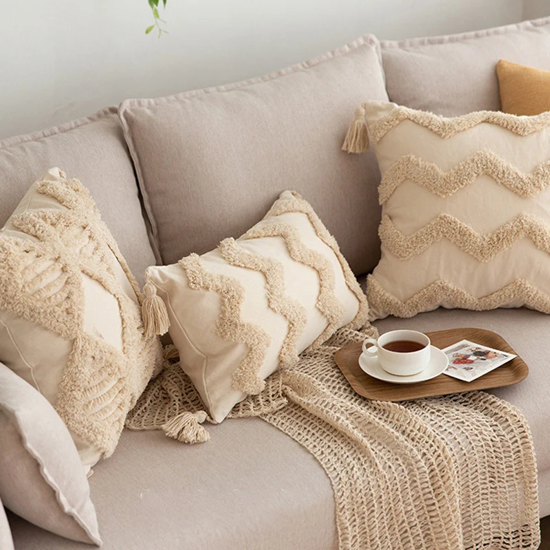 Quadratischer Zierkissenbezug im Boho‑Chic mit 3D‑Diamanttufting, Eckquasten und Baumwoll‑Leinen‑Mix Karnz