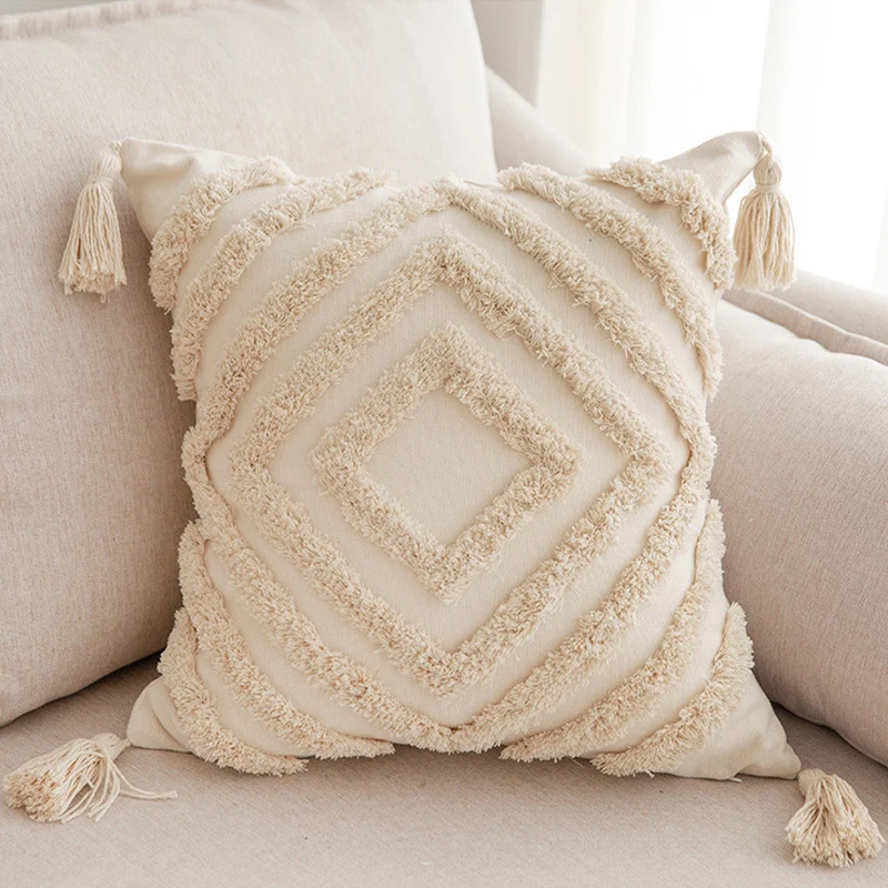 Quadratischer Zierkissenbezug im Boho‑Chic mit 3D‑Diamanttufting, Eckquasten und Baumwoll‑Leinen‑Mix Karnz