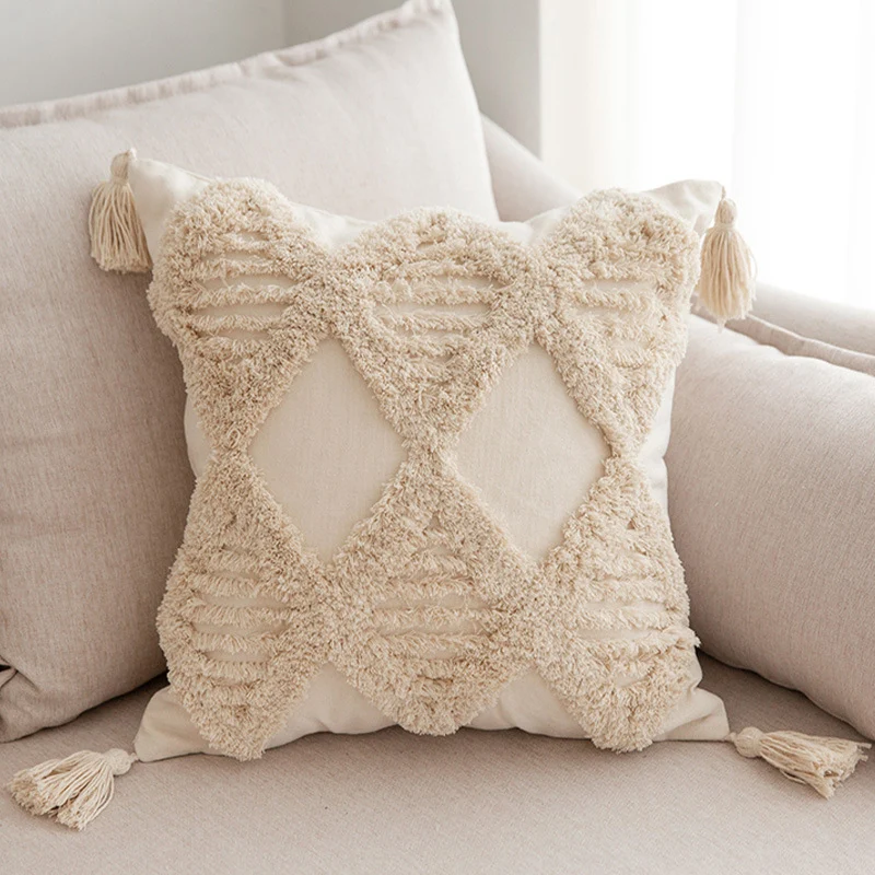 Quadratischer Zierkissenbezug im Boho‑Chic mit 3D‑Diamanttufting, Eckquasten und Baumwoll‑Leinen‑Mix Karnz