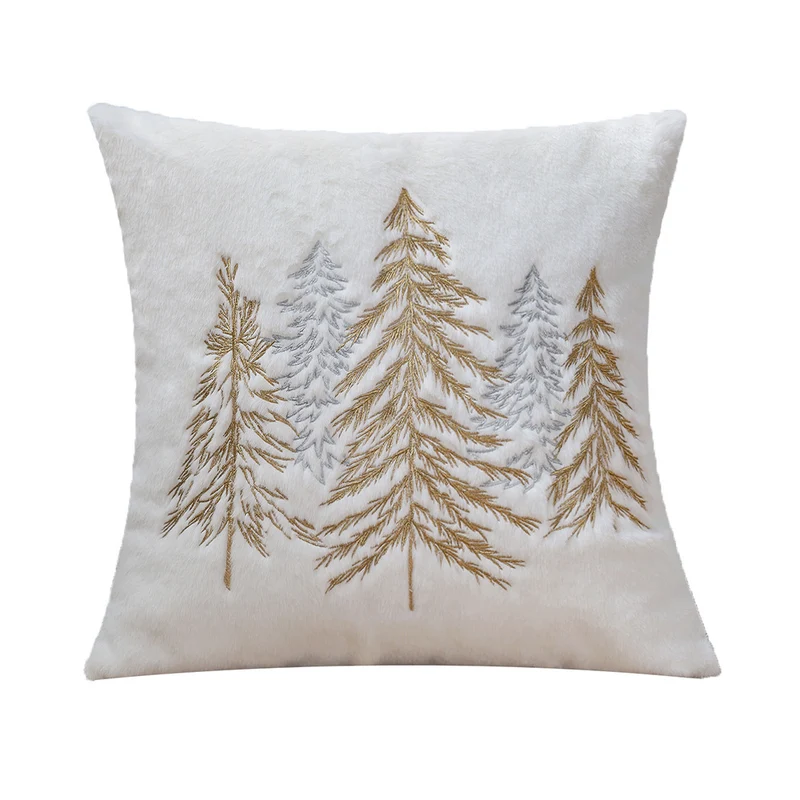 Quadratischer Zierkissenbezug aus Kunstfell mit gesticktem Tannenbaum‑Motiv Karnz