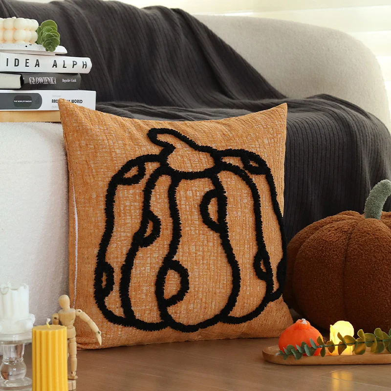 Quadratischer saisonaler Zierkissenbezug im Herbststil mit 3D‑Kürbis‑Tufting und grober Leinenoptik Karnz
