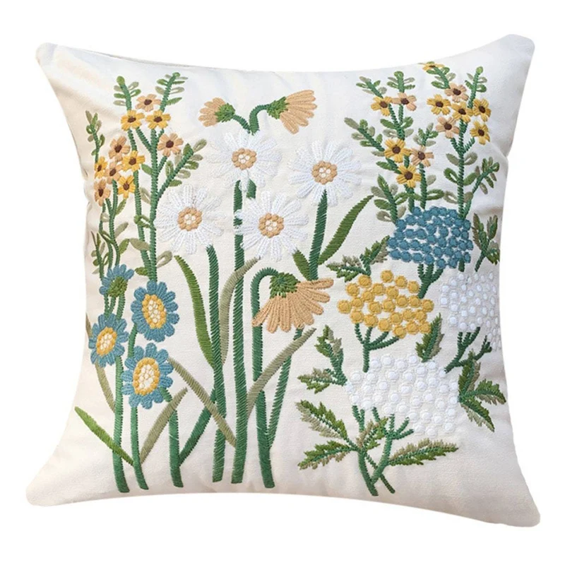 Quadratischer Kissenbezug mit handgesticktem Wildblumen‑Relief, Leinen‑Baumwollmix und verdecktem Reißverschluss Karnz