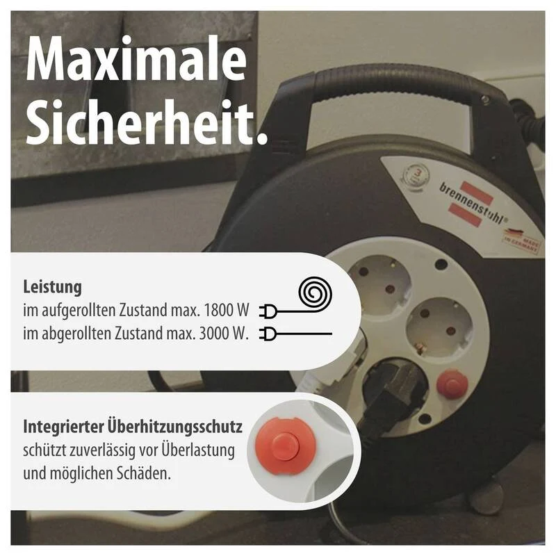 B-Ware Brennenstuhl Kabeltrommel 5m Stromversorgung 4-fach Schutzkontakt schwarz
