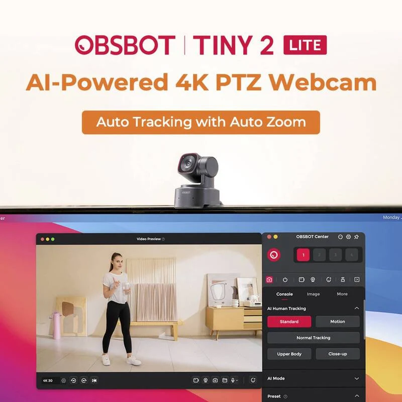 B-Ware OBSBOT Tiny 2 Lite 4K Webcam mit AI Auto-Tracking und Klemm-Halterung schwarz