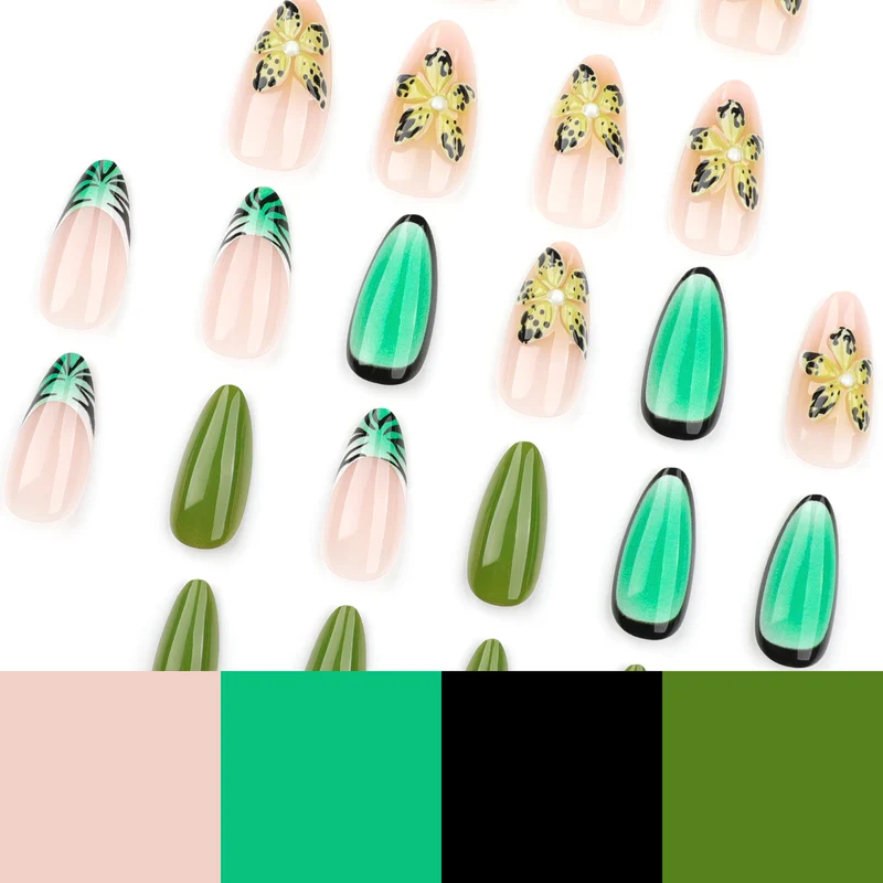 Kunstvolle Gel-Nägel mit floralem Design und Glitzereffekten Karnz