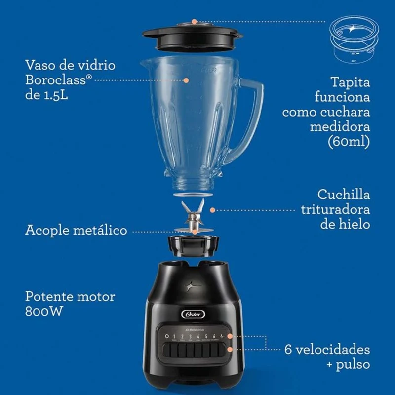 Oster Licuadora Jarra de Vidrio 6 Velocidades 1.5 L (BLSTPEG)