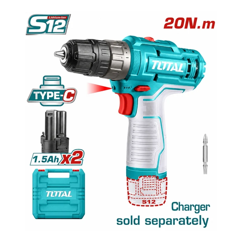 Total Set Taladro Inalámbrico Recargable 12V 3/8 TDLI12206, 5 Piezas