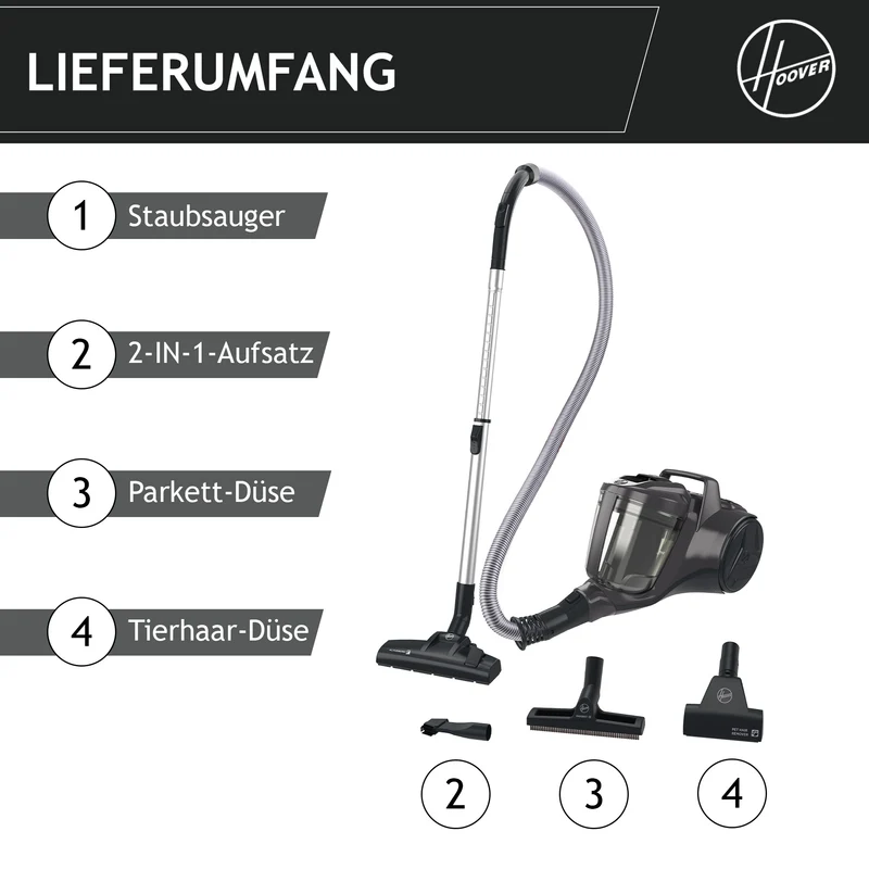 Hoover HP1 Bodenstaubsauger ohne Beutel - mit Tierhaar-Düse [HP120PET]