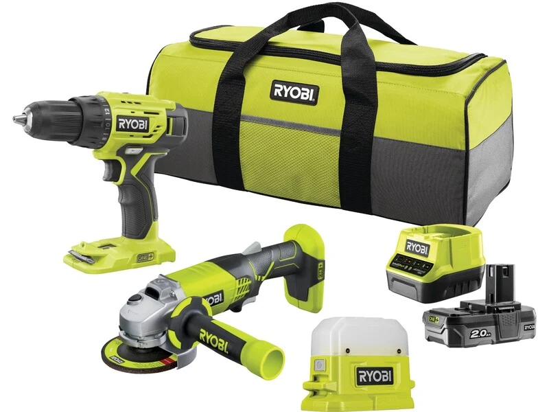 B-Ware Ryobi Akku-Bohrschrauber Winkelschleifer RCK183D-120S 18V 6-teiliges Set grün