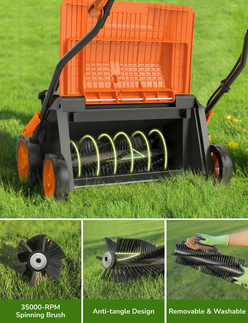 Aspiron 16” Artificial Turf Sweeper 2000W Artificial Turf Vacuum 15Amp Grass Sweeper Yard Power Brush with 55L Removable Leaf Collection Bag, Quick-Fold, Keeps Clear Sweepy Box