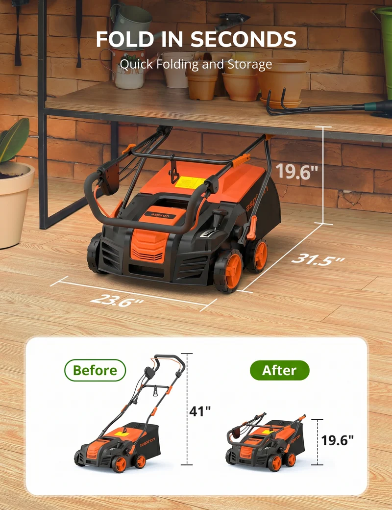 Aspiron 16” Artificial Turf Sweeper 2000W Artificial Turf Vacuum 15Amp Grass Sweeper Yard Power Brush with 55L Removable Leaf Collection Bag, Quick-Fold, Keeps Clear Sweepy Box