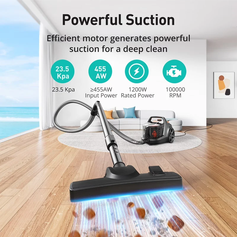 TaoTronics Vacuum Cleaner, 1200W 3.6 QT Bagless Canister Vacuum, Turbo Brush, Double HEPA Filter, Blue