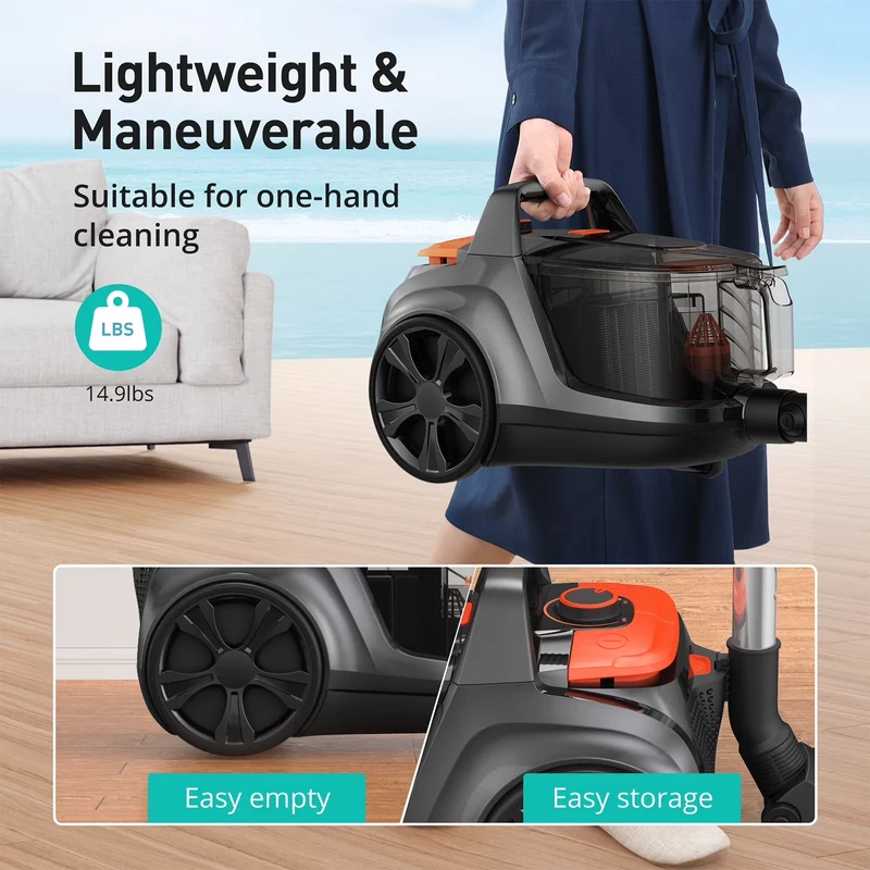 TaoTronics Vacuum Cleaner, 1200W 3.6 QT Bagless Canister Vacuum, Turbo Brush, Double HEPA Filter, Blue