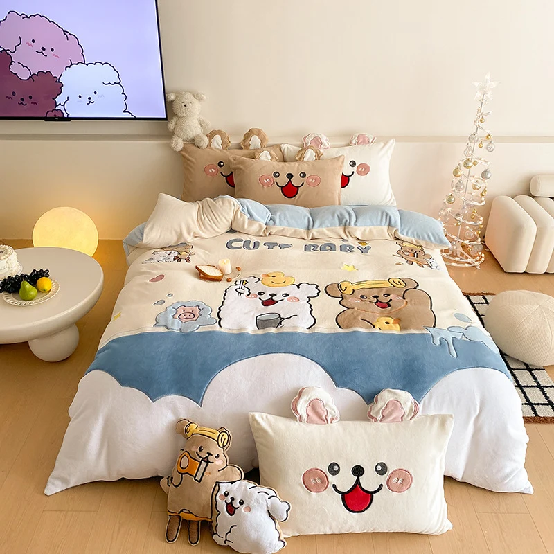 Flauschige Bettwäsche-Garnitur mit gesteppter Kuscheloberfläche, 3D-Teddy-Applikationen und wärmender Microfaserfüllung Karnz