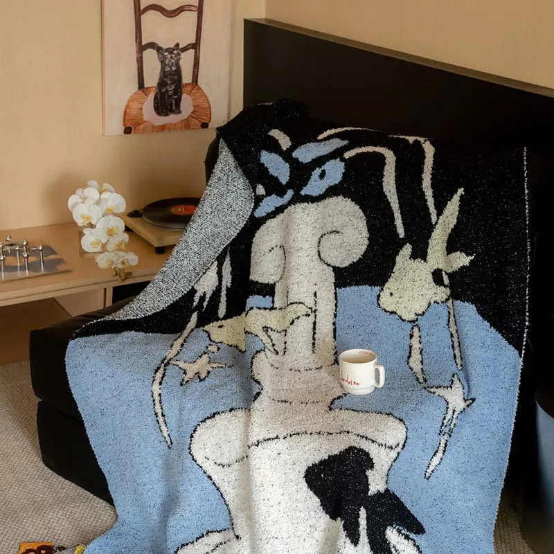 Extraweiche Chenille-Wohndecke mit Katzenillustration und Sternenrelief Karnz