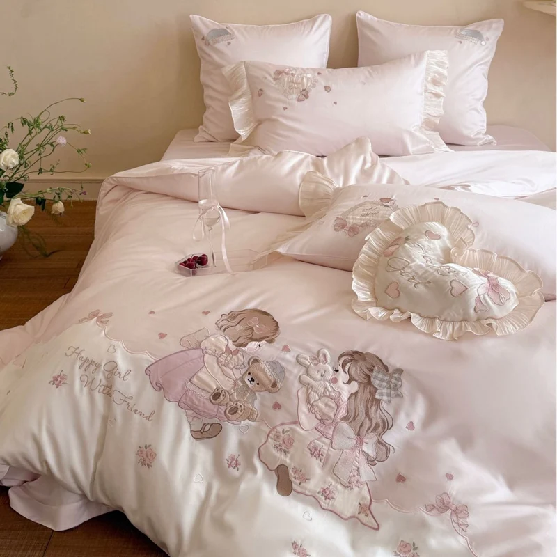 Luxuriöses besticktes Bettwäscheset aus Baumwollsatin mit Rüschen und Märchenmotiv Karnz