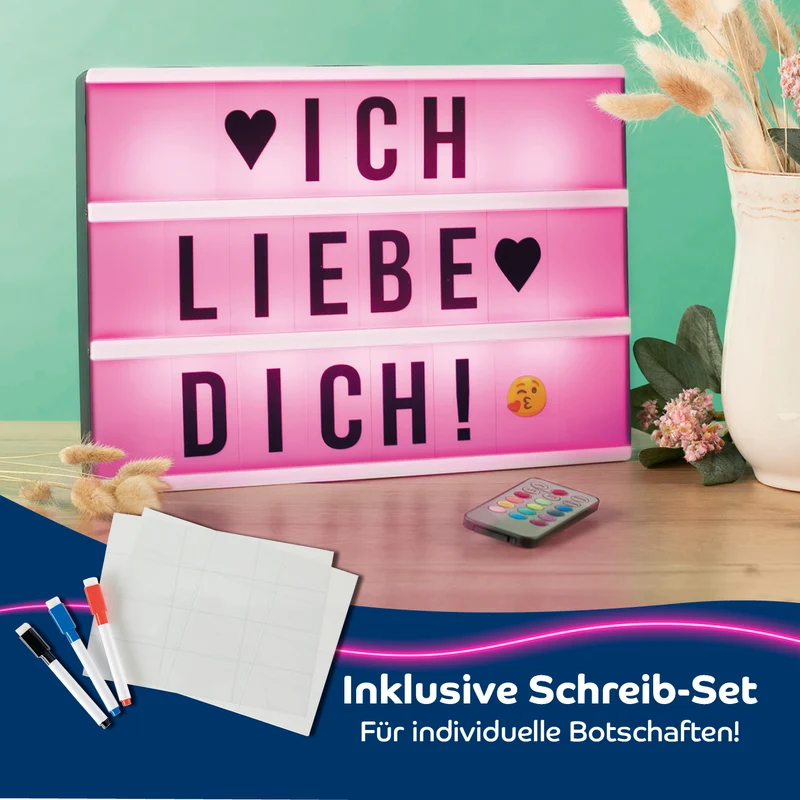 LED-Leuchtkasten A4 mit 173 Buchstaben, Zahlen & Symbolen & 150 bunten Mood Pics inkl. Schreib-Set (3 Stifte & 20 Karten)