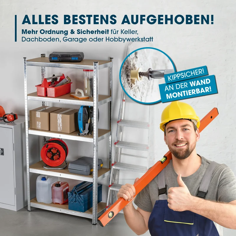 Schwerlastregal & Werkbank mit GS - Bis zu 175 kg Tragkraft je Regalboden - 180 x 90 x 40 cm