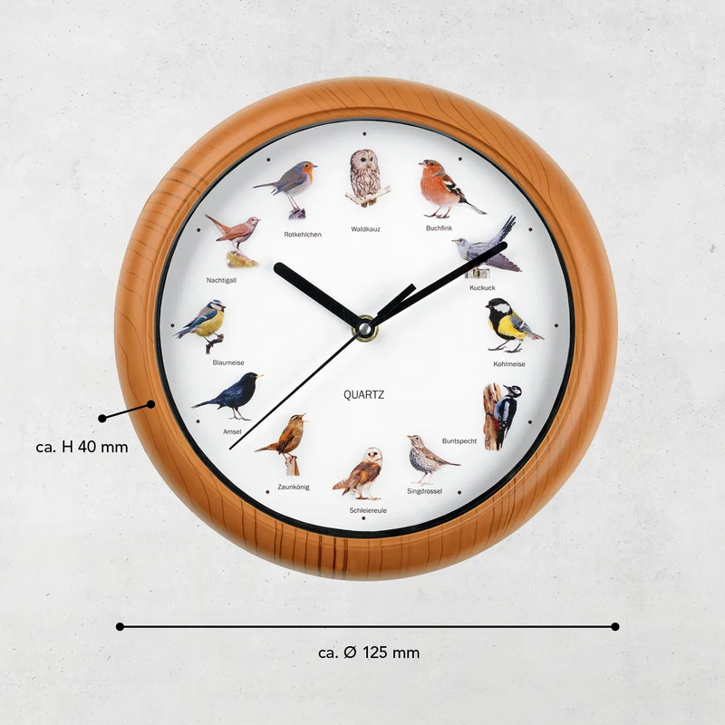 Wanduhr mit Vogelstimmen - 12 Singvogelstimmen - 25 cm