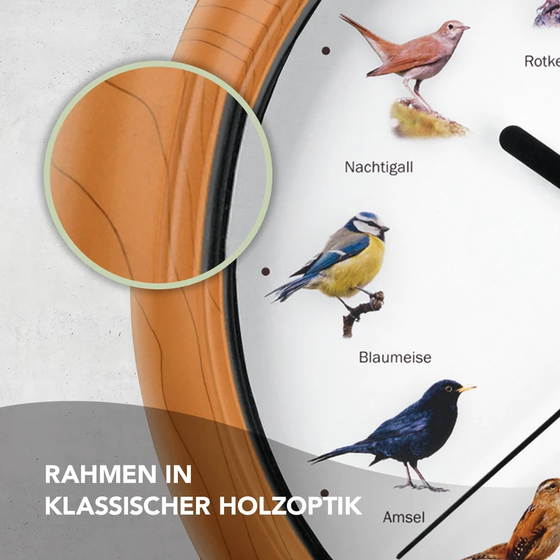 Wanduhr mit Vogelstimmen - 12 Singvogelstimmen - 25 cm