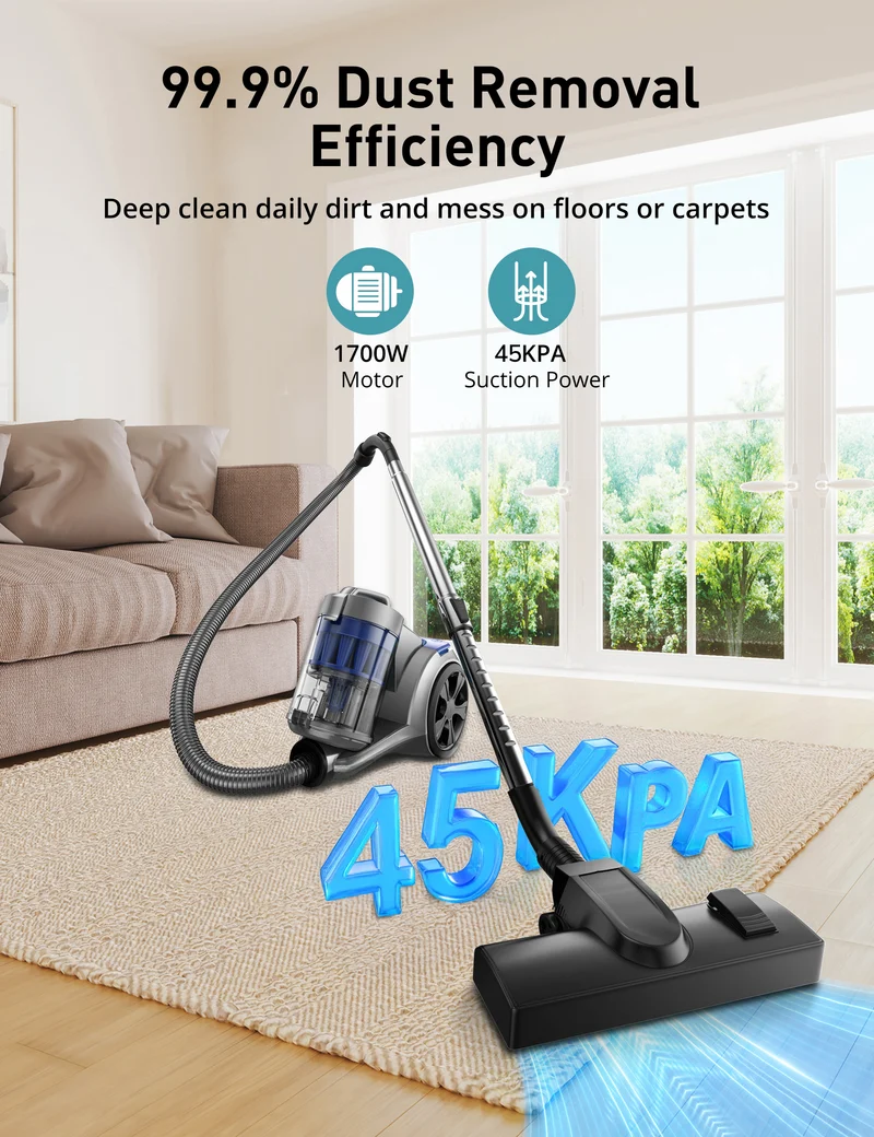 Aspiron AS-CA033 1700W Canister Vacuum Cleaner, 45Kpa Bagless Vacuum Cleaner