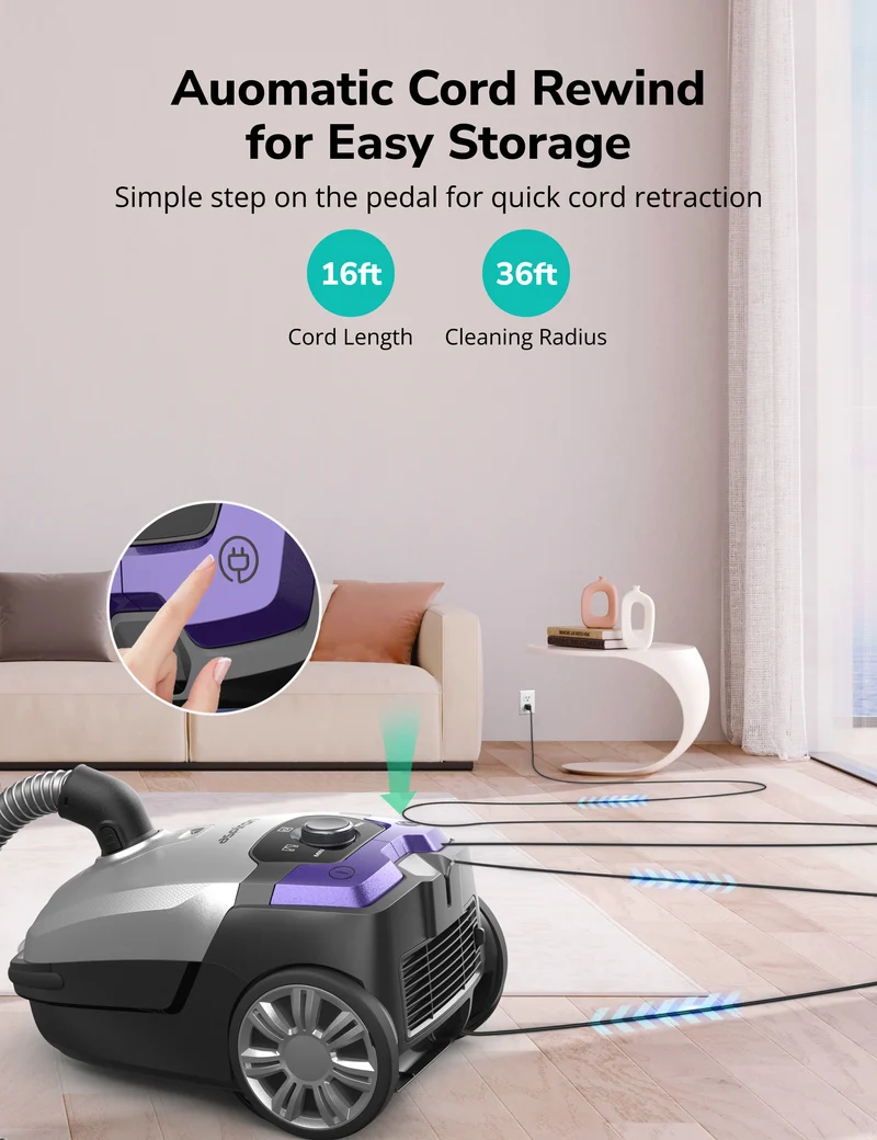 Aspiron AS-CA040 Bagless Canister Vacuum Cleaner 5L Dust Bag, Easy to Push,