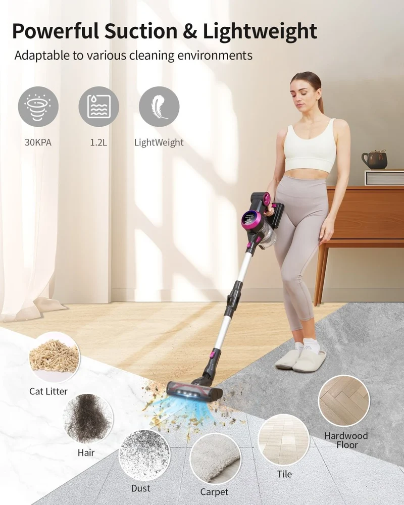 HawKam Cordless Vacuum CA006, 30Kpa Suction, 55Min Runtime, Ultra-Quiet, Lightweight