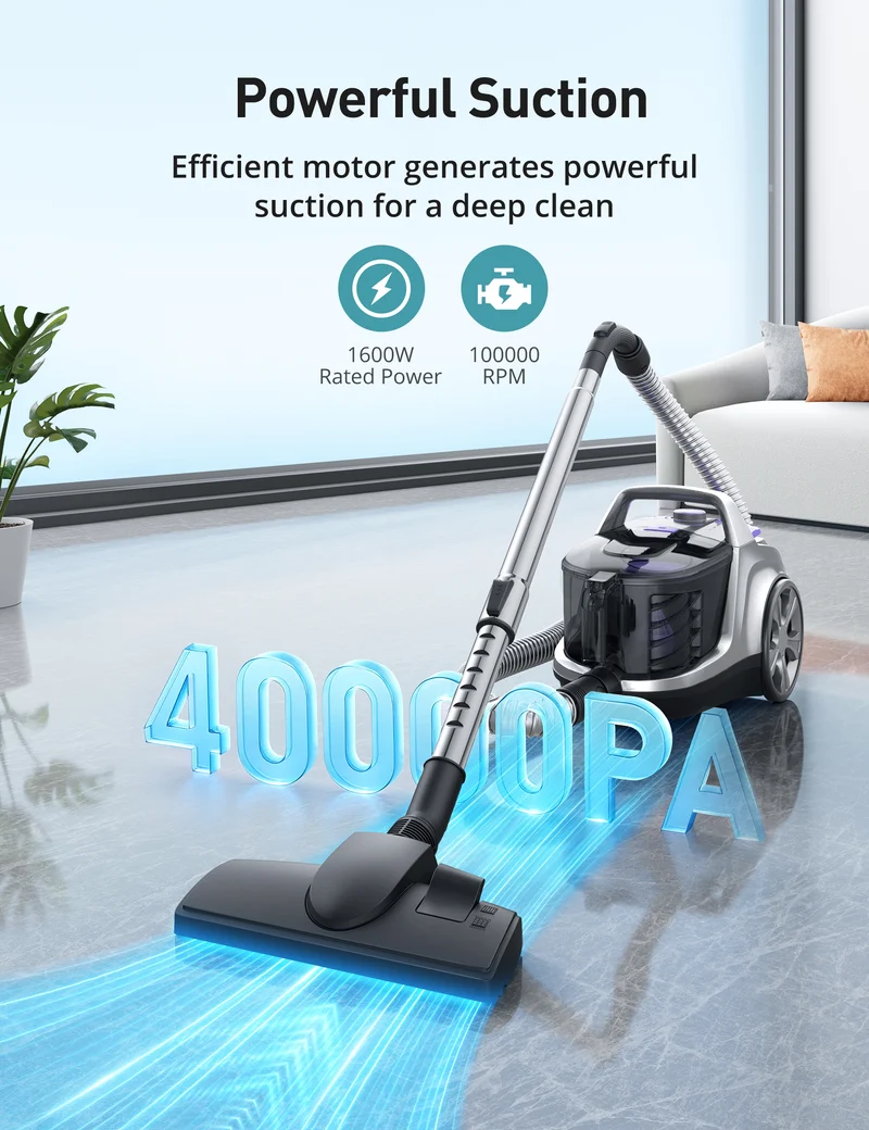 Aspiron AS-CA006 Canister Vacuum, Upgraded 1600W Bagless Canister Vacuum Cleaner