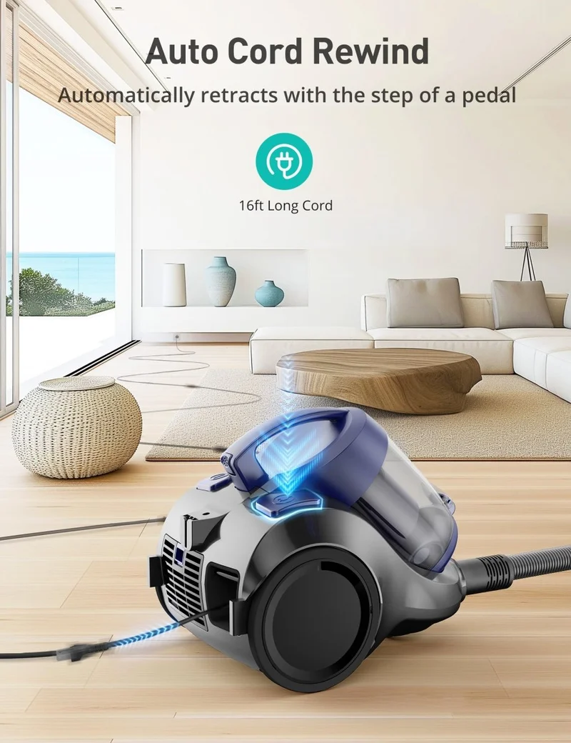 Aspiron Canister Vacuum Cleaner CA034, 2.1QT Dust Cup, Corded Vacuum Cleaner