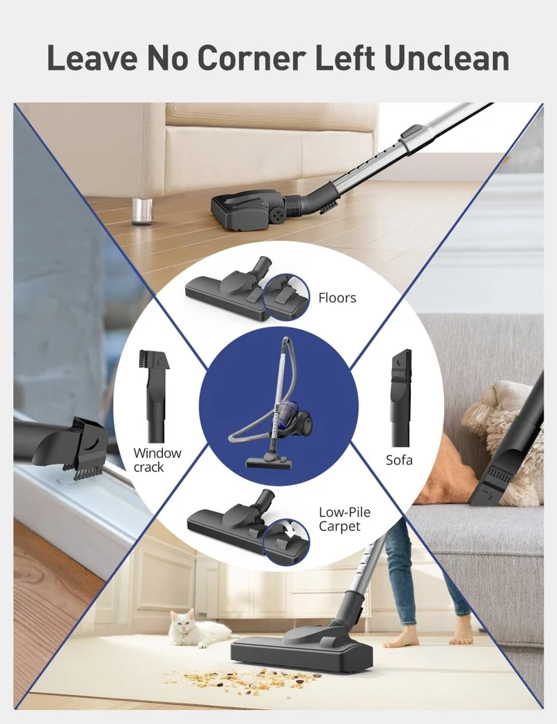 Aspiron Canister Vacuum Cleaner CA034, 2.1QT Dust Cup, Corded Vacuum Cleaner
