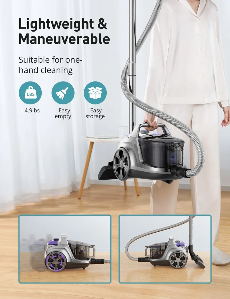 Aspiron AS-CA006 Canister Vacuum Cleaner, 40Kpa Bagless Vacuum Cleaners