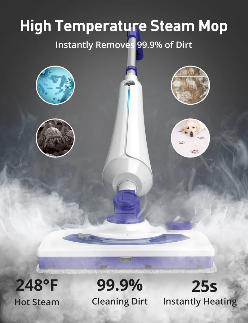 Aspiron AS-CA044 Professional Steam Mop Cleaner, 1300W Floor Steamer with Detergent Chamber