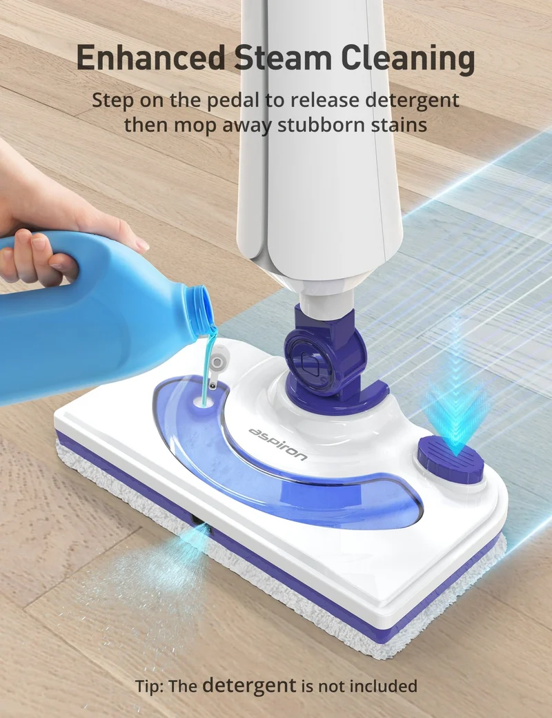 Aspiron AS-CA044 Professional Steam Mop Cleaner, 1300W Floor Steamer with Detergent Chamber