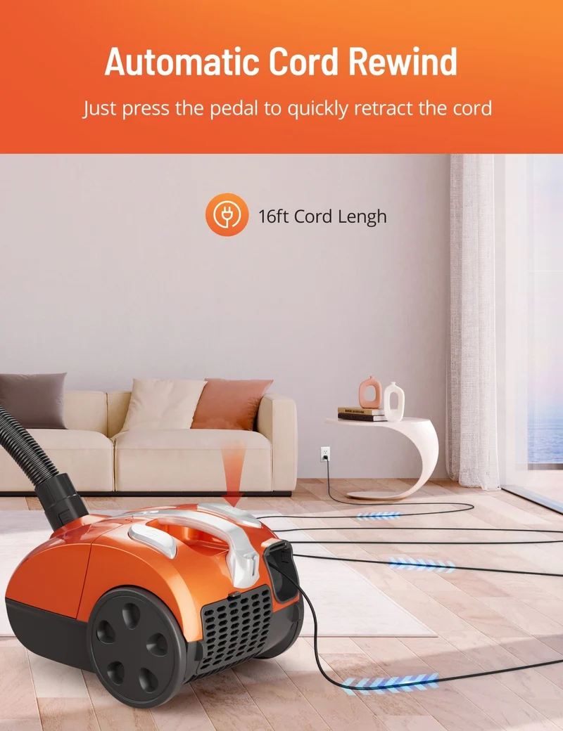 Bagged Canister Vacuum Cleaner NB-CA001, Automatic Cord Rewind, Portable Corded Vacuum Cleaner with 3 Replacement Bags