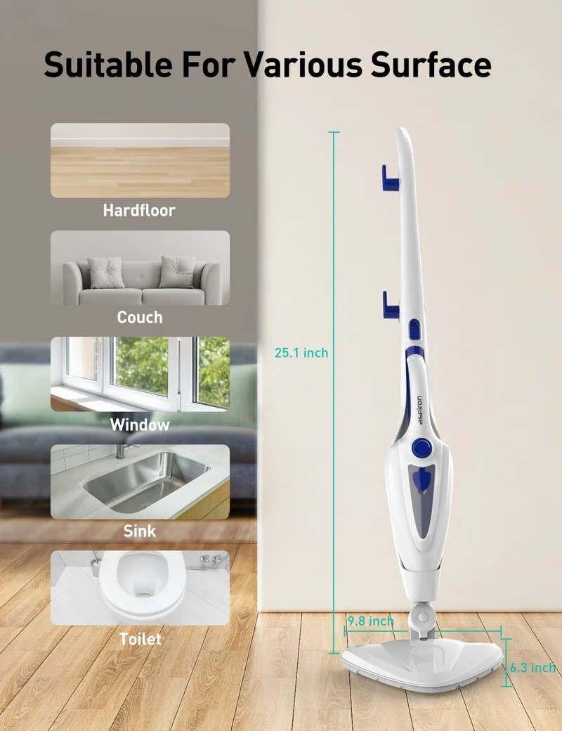 Aspiron AS-CA039 12-in-1 Steam Mop, 1500W Detachable Handheld Steam Cleaner