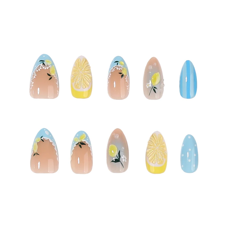 Künstliche Nagelkunst mit Zitronen- und Blütenmotiven Karnz