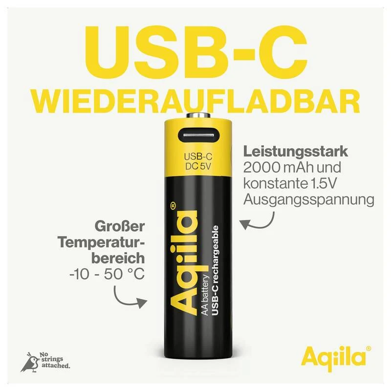 B-Ware Aqiila AA USB-C Akku Li-Ion 2000 mAh 1,5 V wiederaufladbar Energiequelle 4 Stück